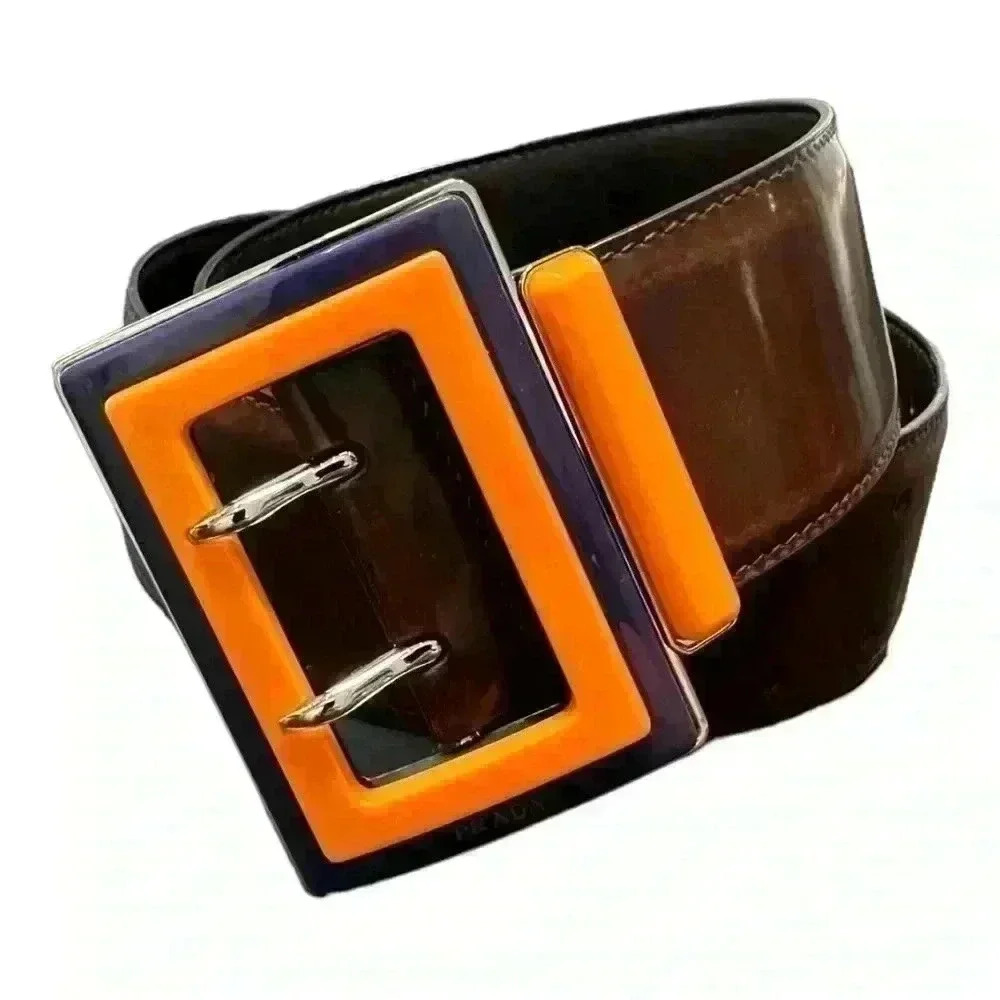 Prada Dark Brown Belt Patent leather with purple and orange enamel buckle